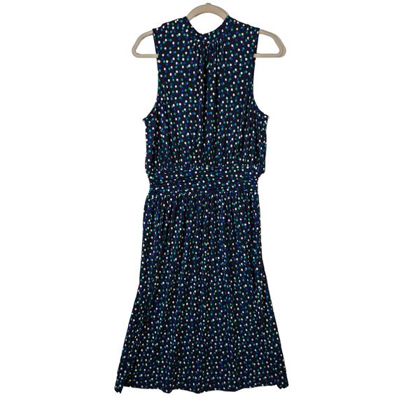 Leota Aria Dress Polka Dot Ruched Waist Sleeveless Blue Medium Knot Dotted Knee - Picture 1 of 13